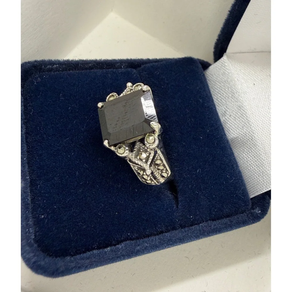 925 Silver Emerald Cut Black Stone Marcasite Accent Vintage Style Ring Size 6.75